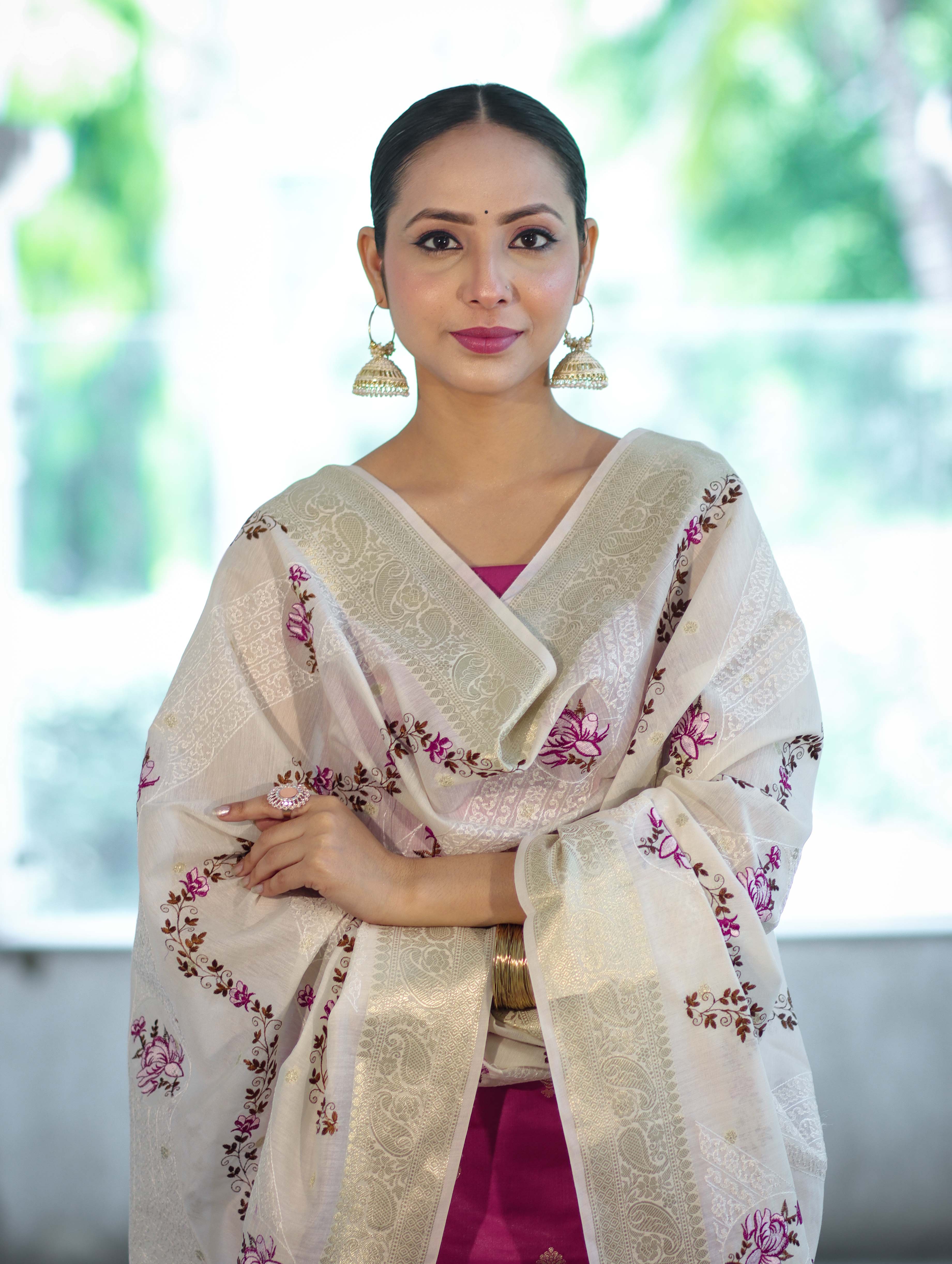 Banarasee Embroidered Cotton Salwar Kameez Fabric With Contrast Dupatta Set-Magenta & Off White