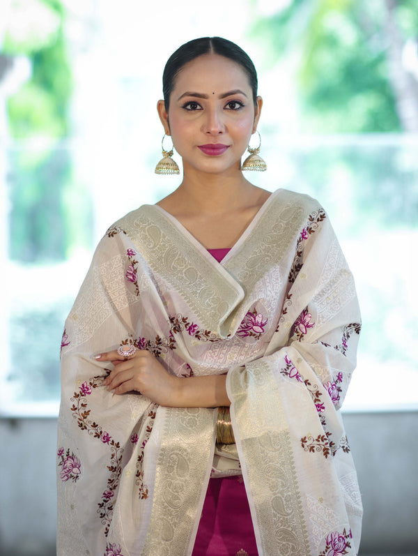 Banarasee Embroidered Cotton Salwar Kameez Fabric With Contrast Dupatta Set-Magenta & Off White