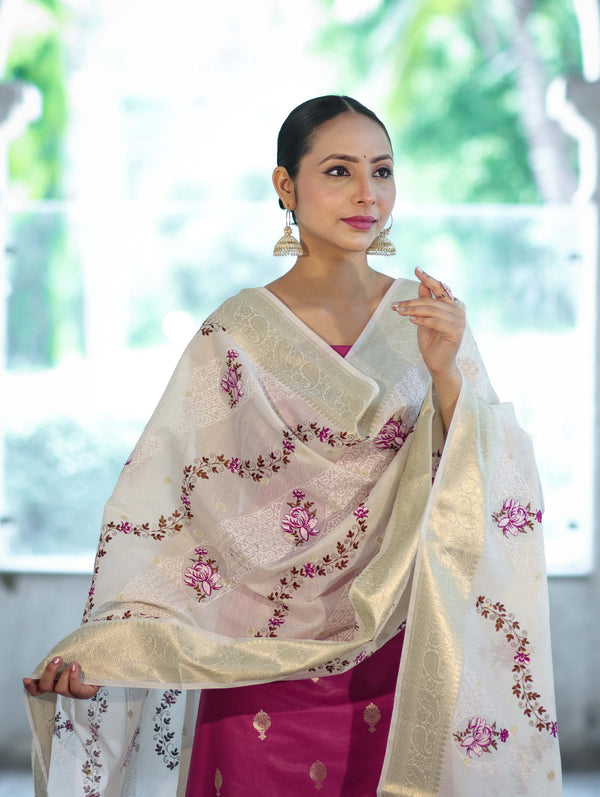 Banarasee Embroidered Cotton Salwar Kameez Fabric With Contrast Dupatta Set-Magenta & Off White