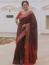 Banarasee Handwoven Semi-Katan Tanchoi Weaving Floral Border Saree-Brown & Red