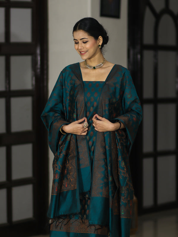 Banarasee Cotton Silk Resham Work Salwar Kameez Fabric With Dupatta Set-Teal Blue