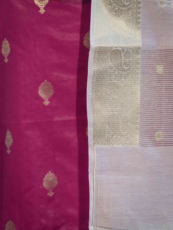 Banarasee Embroidered Cotton Salwar Kameez Fabric With Contrast Dupatta Set-Magenta & Off White