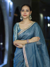 Banarasee Handloom Soft Tissue Saree With Stripe Pattern & Lace Border-Light Blue
