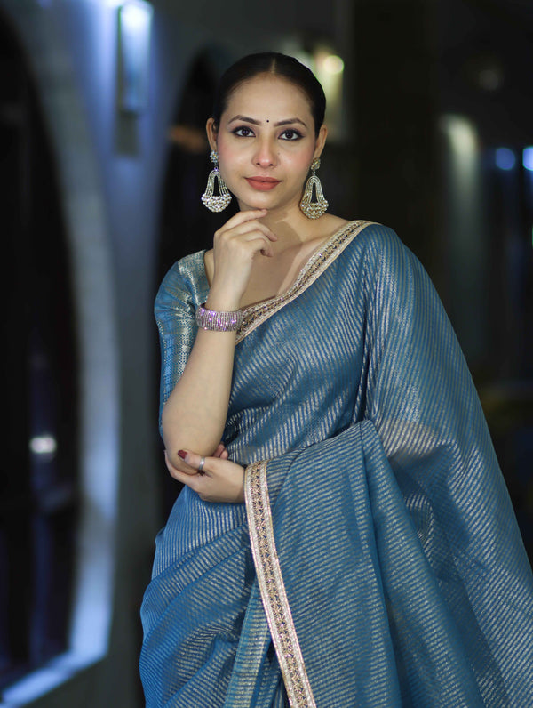 Banarasee Handloom Soft Tissue Saree With Stripe Pattern & Lace Border-Light Blue