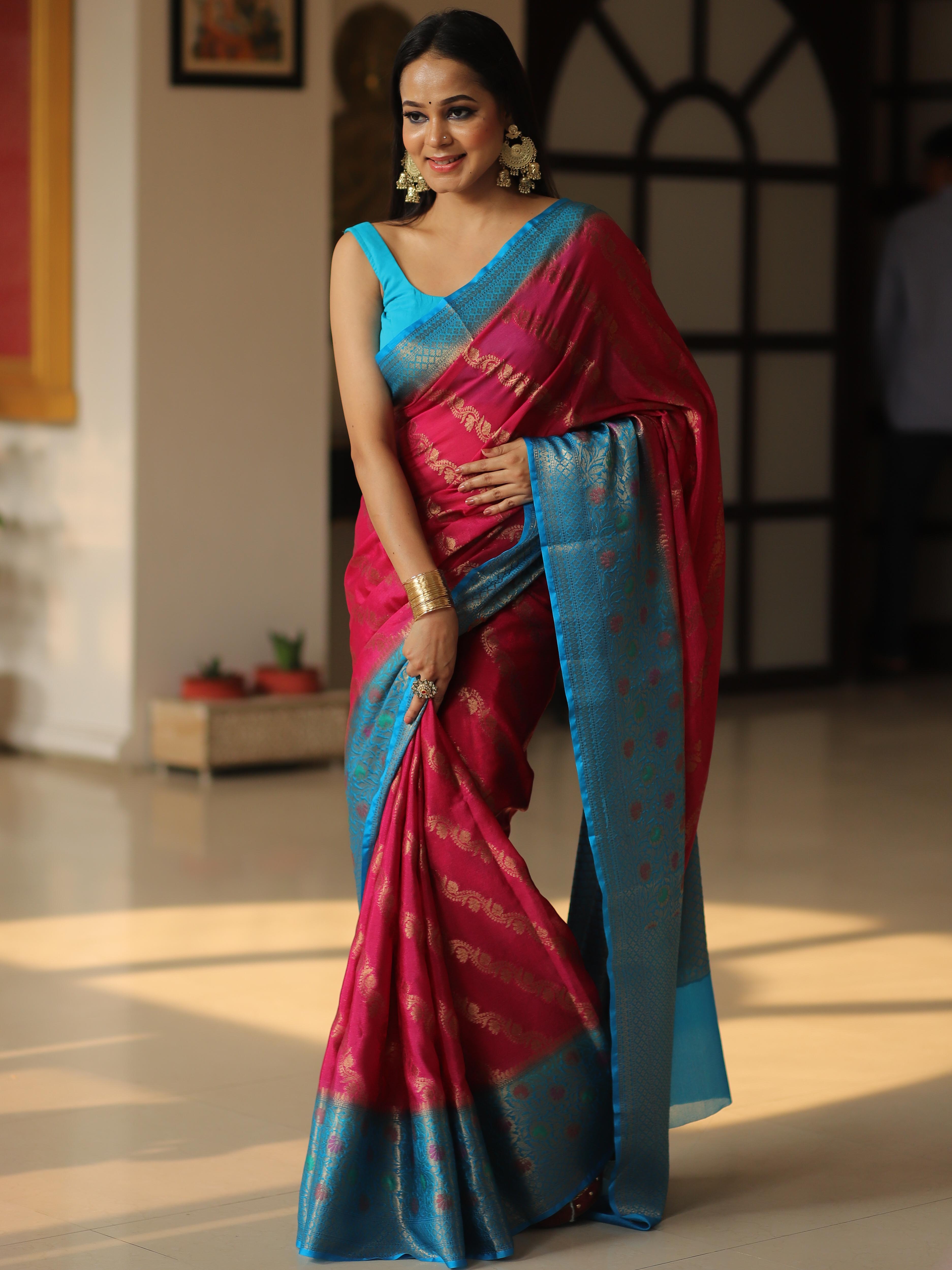 Banarasee Handwoven Semi Silk Saree With Broad Zari & Contrast Border-Pink & Blue