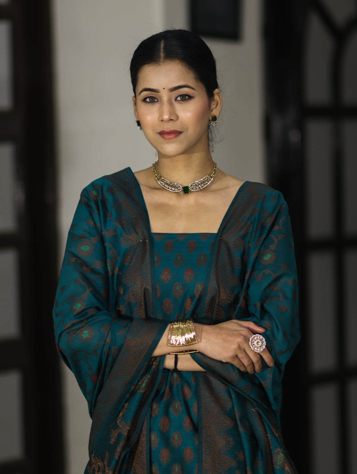 Banarasee Cotton Silk Resham Work Salwar Kameez Fabric With Dupatta Set-Teal Blue