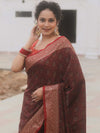 Banarasee Handwoven Semi-Katan Tanchoi Weaving Floral Border Saree-Brown & Red
