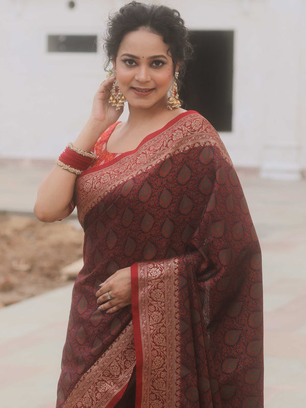 Banarasee Handwoven Semi-Katan Tanchoi Weaving Floral Border Saree-Brown & Red