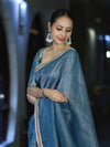 Banarasee Handloom Soft Tissue Saree With Stripe Pattern & Lace Border-Light Blue
