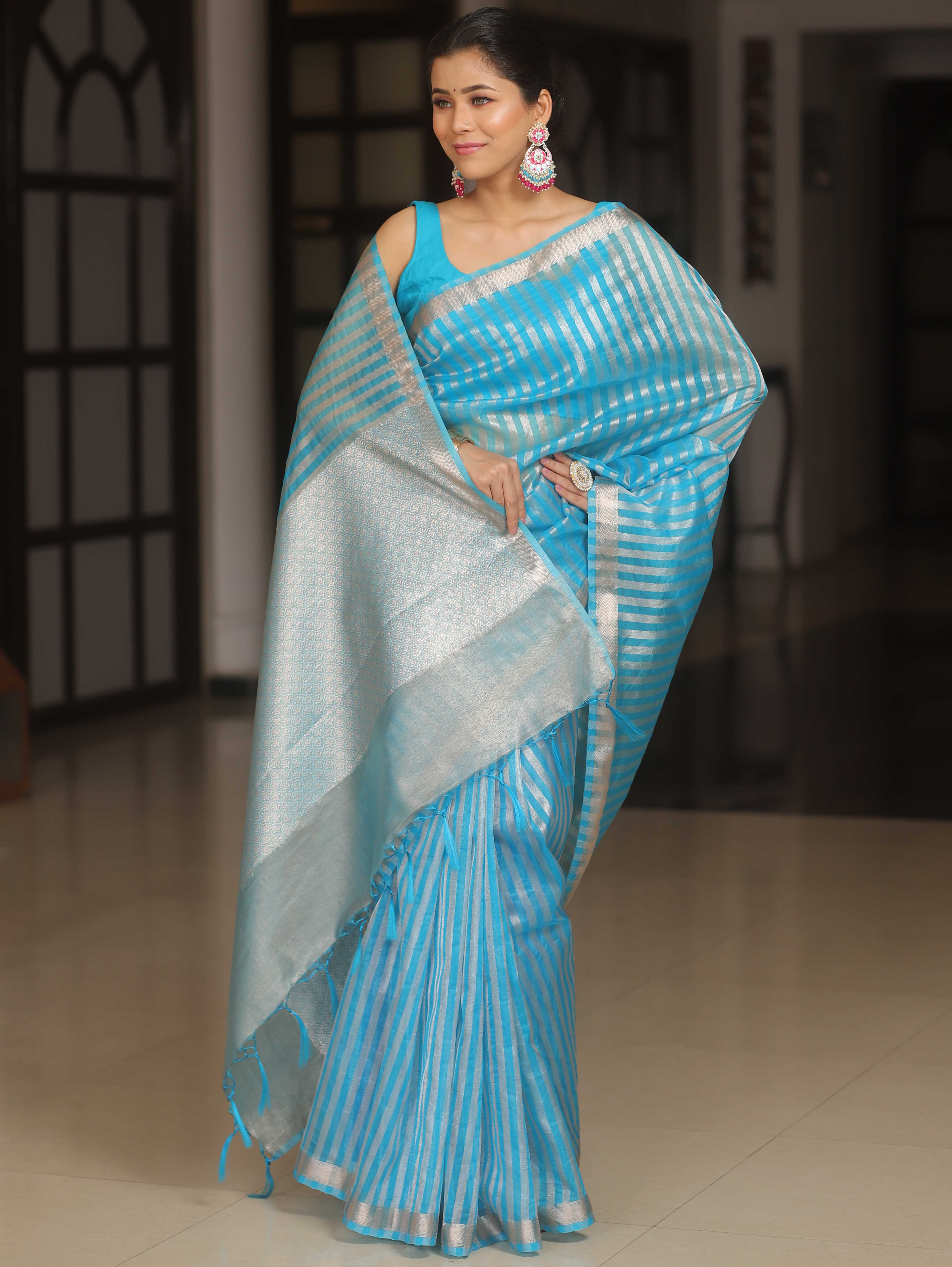 Banarasee Handwoven Striped Tissue Saree-Light Blue
