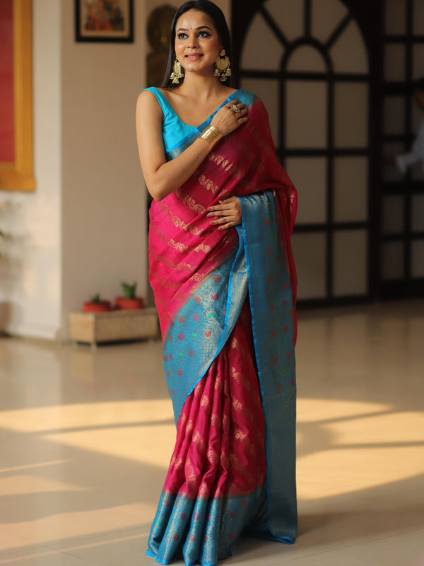 Banarasee Handwoven Semi Silk Saree With Broad Zari & Contrast Border-Pink & Blue