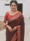 Banarasee Handwoven Semi-Katan Tanchoi Weaving Floral Border Saree-Brown & Red