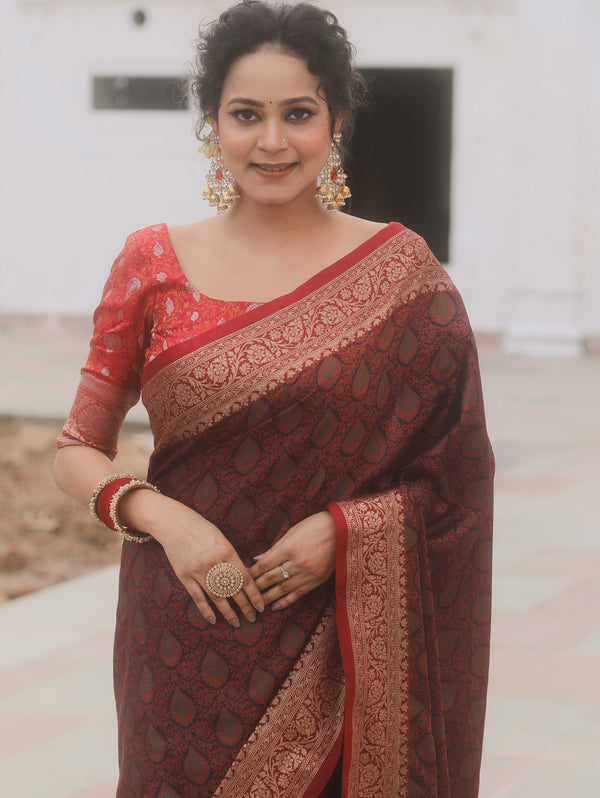Banarasee Handwoven Semi-Katan Tanchoi Weaving Floral Border Saree-Brown & Red