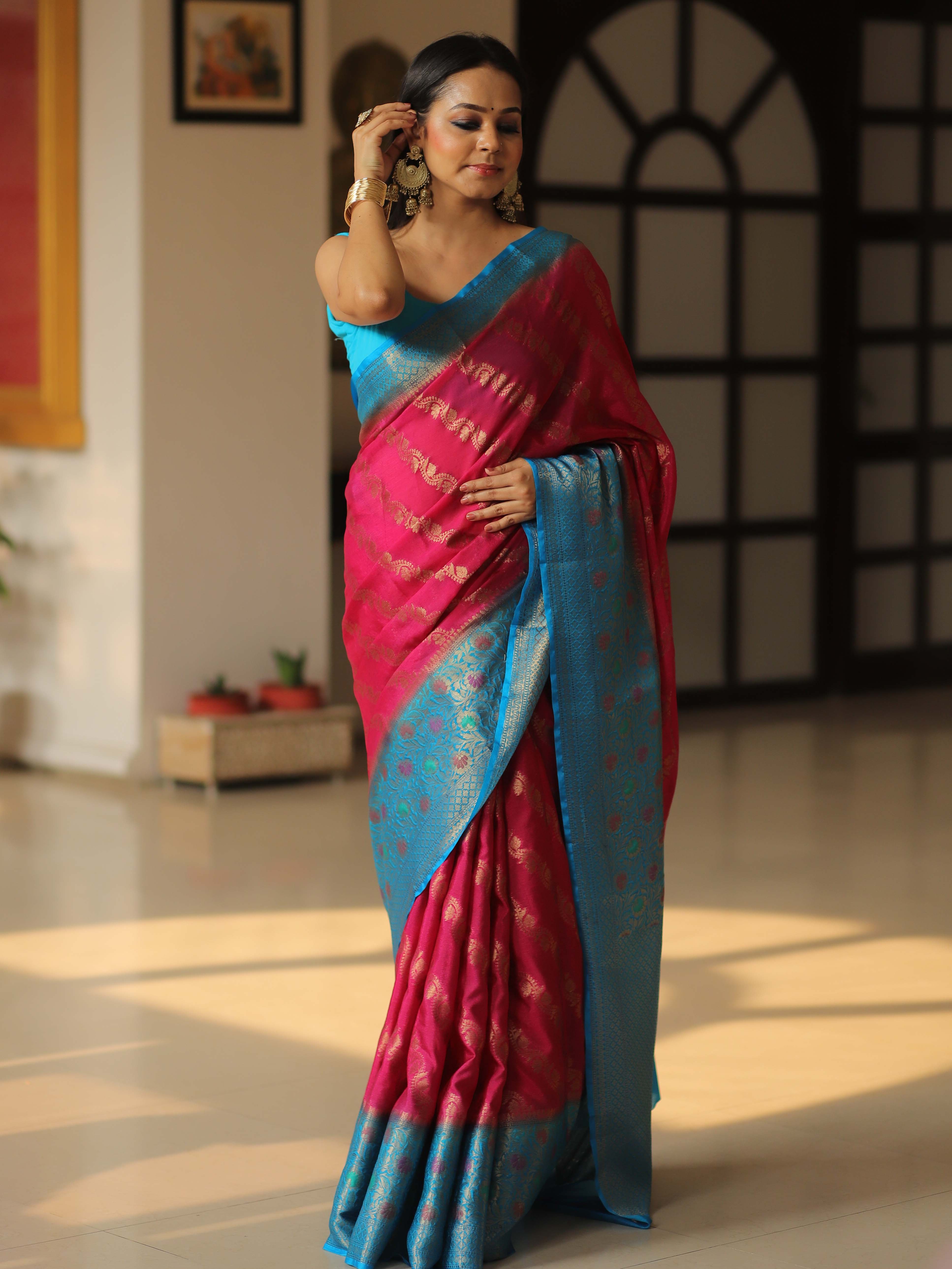 Banarasee Handwoven Semi Silk Saree With Broad Zari & Contrast Border-Pink & Blue