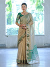 Banarasee Handloom Plain Tissue Saree With Contrast Zari Border& Lace-Cream & Green