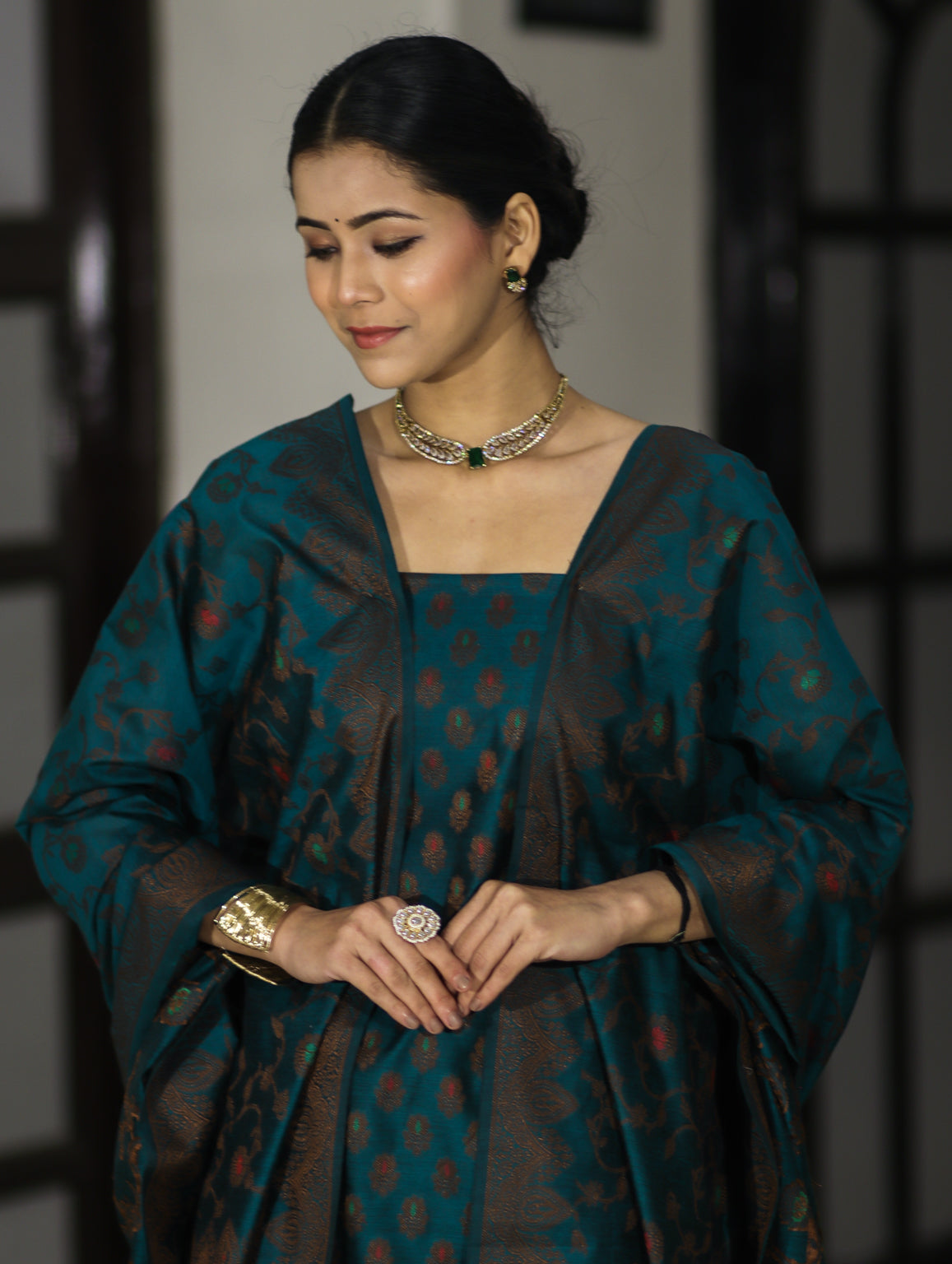 Banarasee Cotton Silk Resham Work Salwar Kameez Fabric With Dupatta Set-Teal Blue