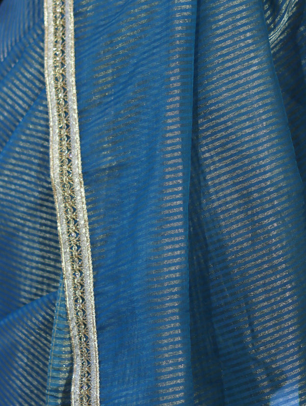 Banarasee Handloom Soft Tissue Saree With Stripe Pattern & Lace Border-Light Blue