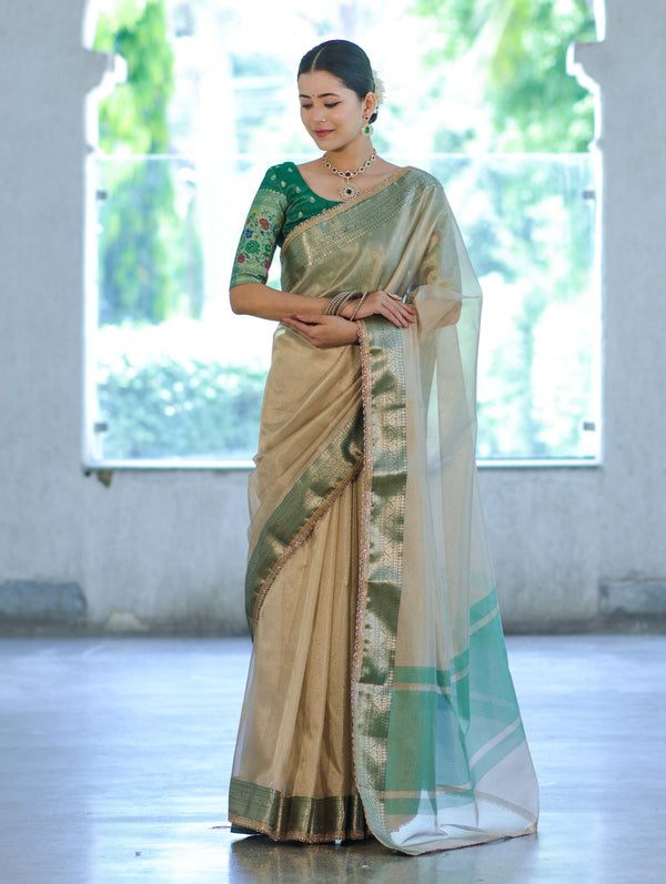 Banarasee Handloom Plain Tissue Saree With Contrast Zari Border& Lace-Cream & Green