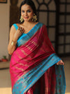 Banarasee Handwoven Semi Silk Saree With Broad Zari & Contrast Border-Pink & Blue