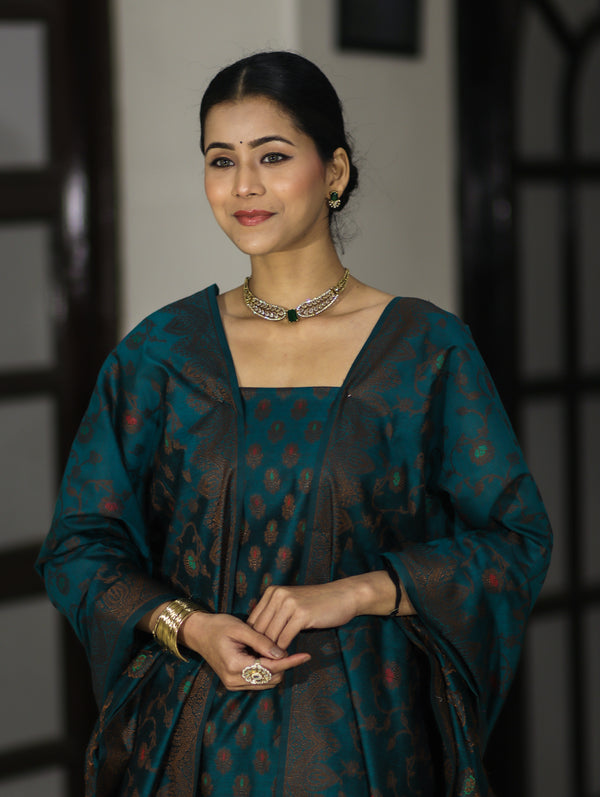 Banarasee Cotton Silk Resham Work Salwar Kameez Fabric With Dupatta Set-Teal Blue