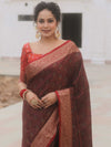 Banarasee Handwoven Semi-Katan Tanchoi Weaving Floral Border Saree-Brown & Red