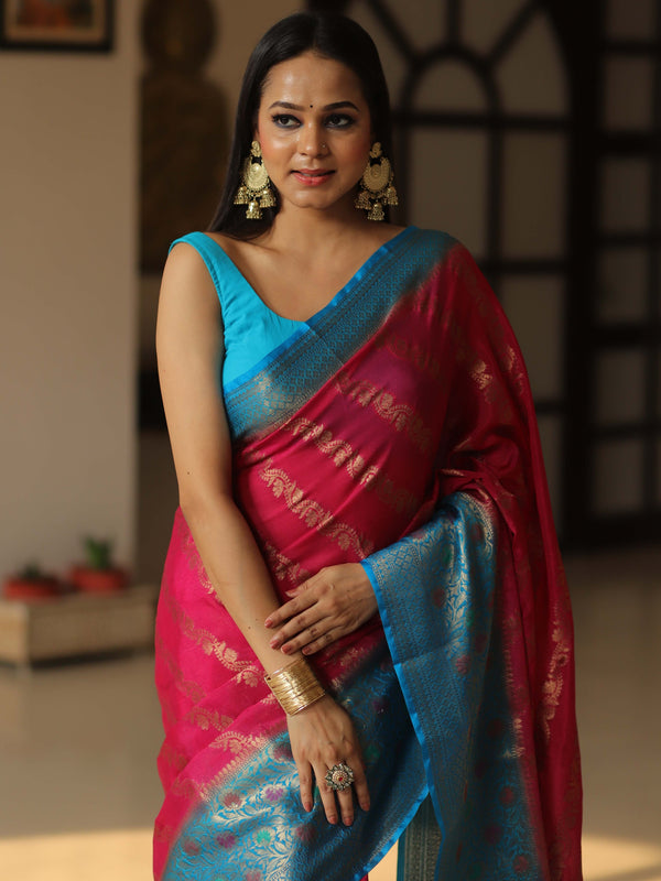 Banarasee Handwoven Semi Silk Saree With Broad Zari & Contrast Border-Pink & Blue