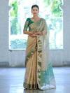 Banarasee Handloom Plain Tissue Saree With Contrast Zari Border& Lace-Cream & Green