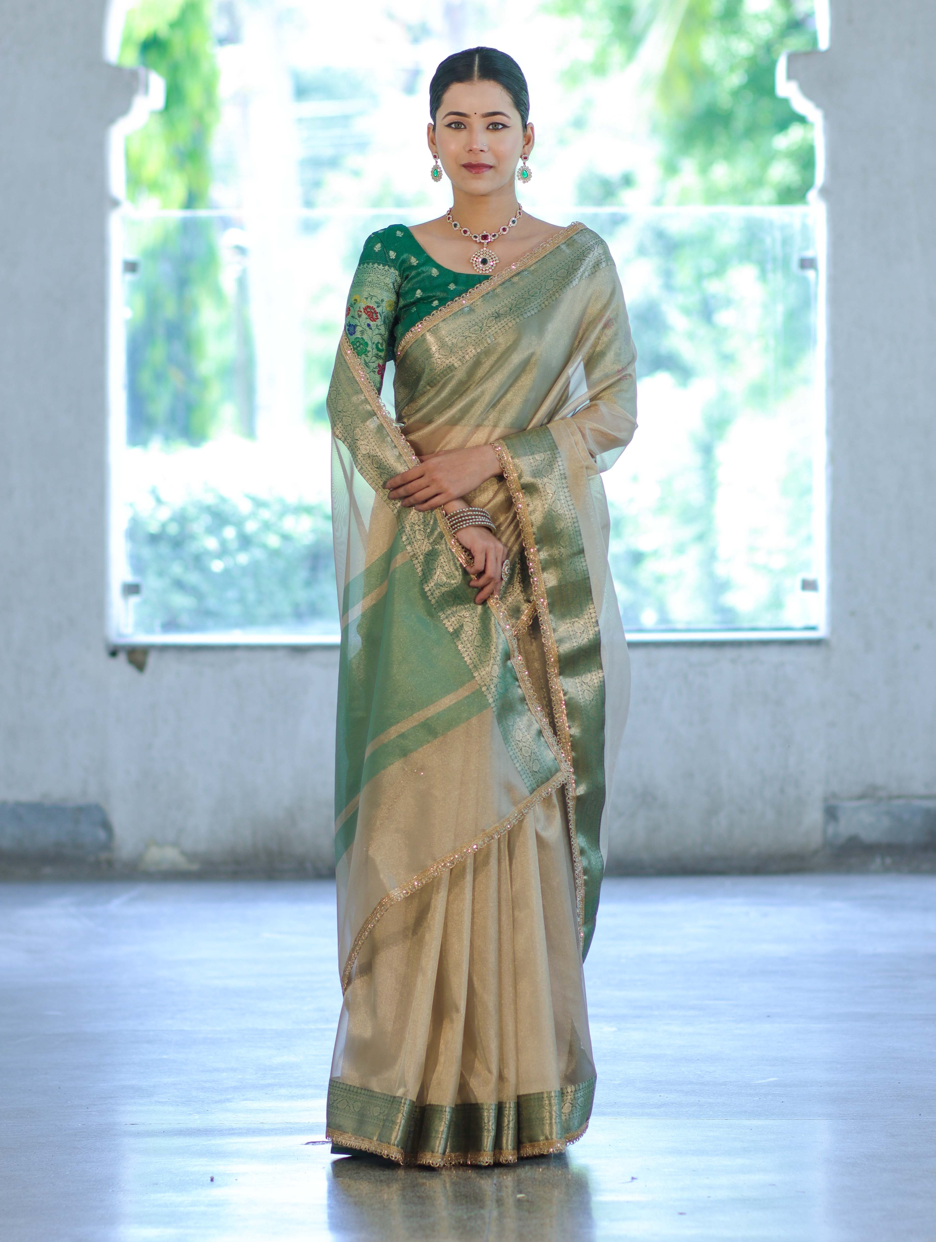 Banarasee Handloom Plain Tissue Saree With Contrast Zari Border& Lace-Cream & Green