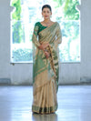 Banarasee Handloom Plain Tissue Saree With Contrast Zari Border& Lace-Cream & Green
