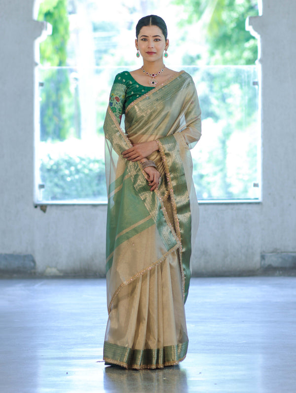 Banarasee Handloom Plain Tissue Saree With Contrast Zari Border& Lace-Cream & Green