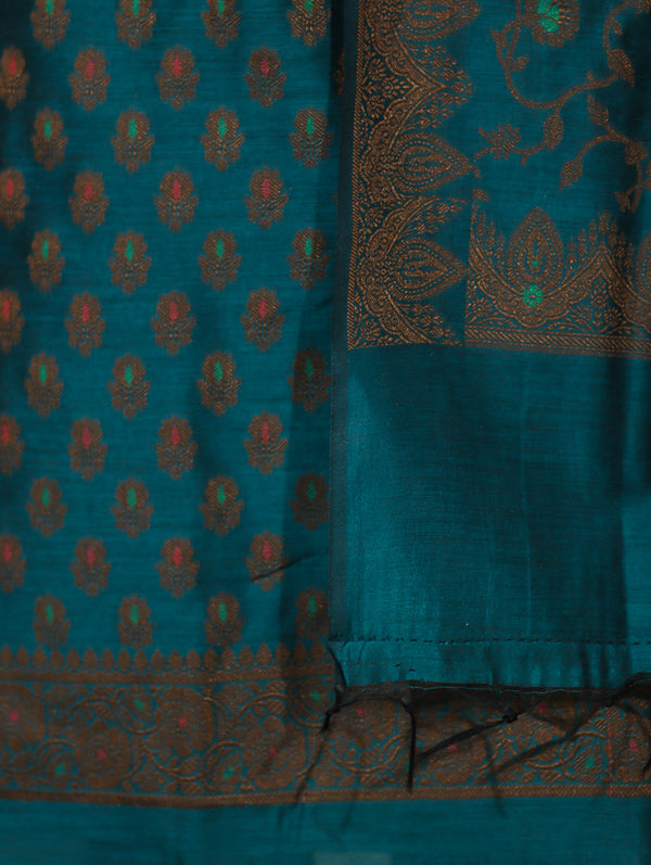 Banarasee Cotton Silk Resham Work Salwar Kameez Fabric With Dupatta Set-Teal Blue