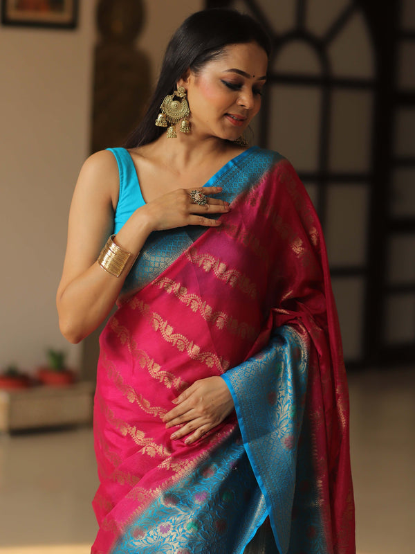 Banarasee Handwoven Semi Silk Saree With Broad Zari & Contrast Border-Pink & Blue