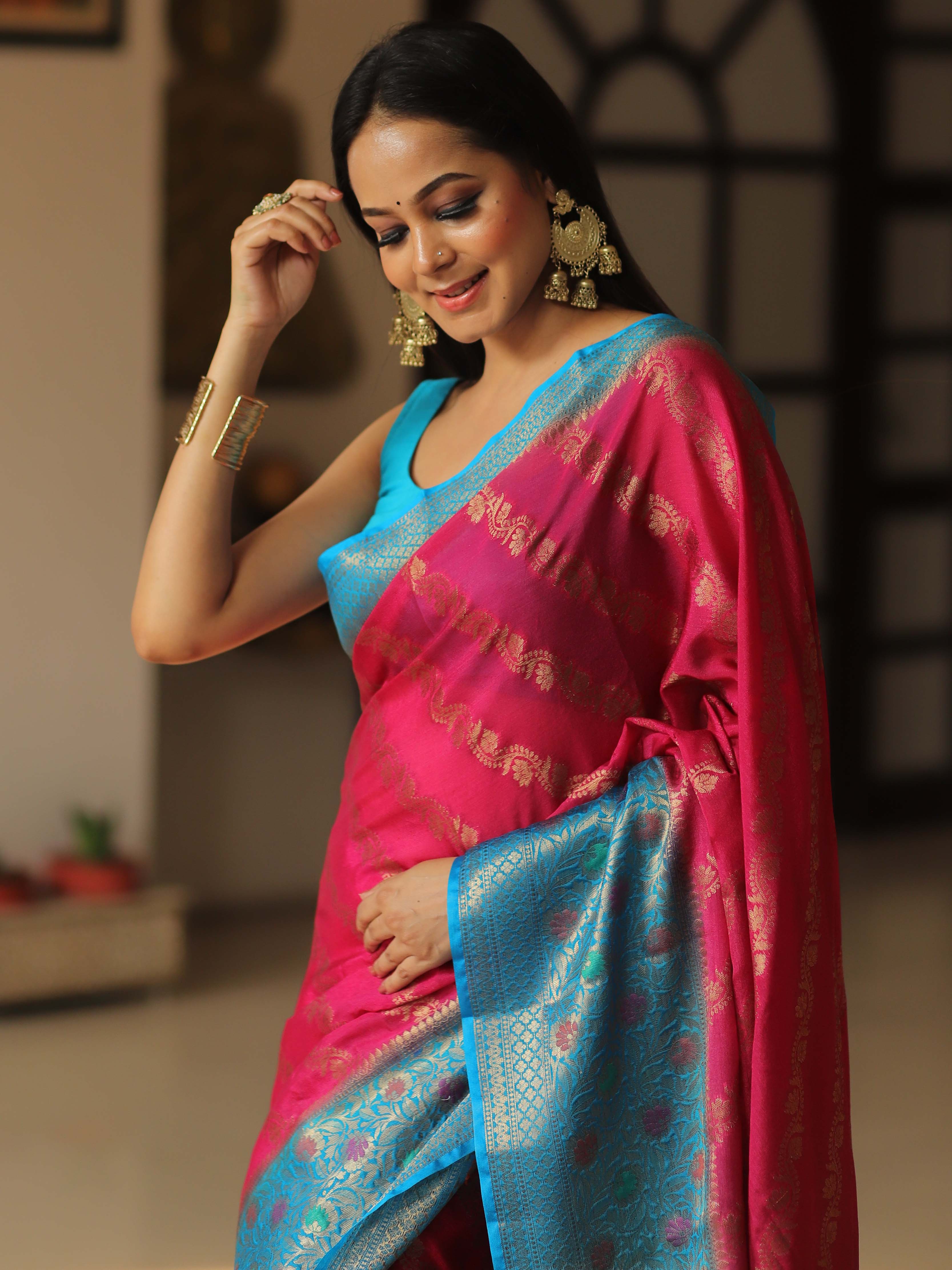 Banarasee Handwoven Semi Silk Saree With Broad Zari & Contrast Border-Pink & Blue