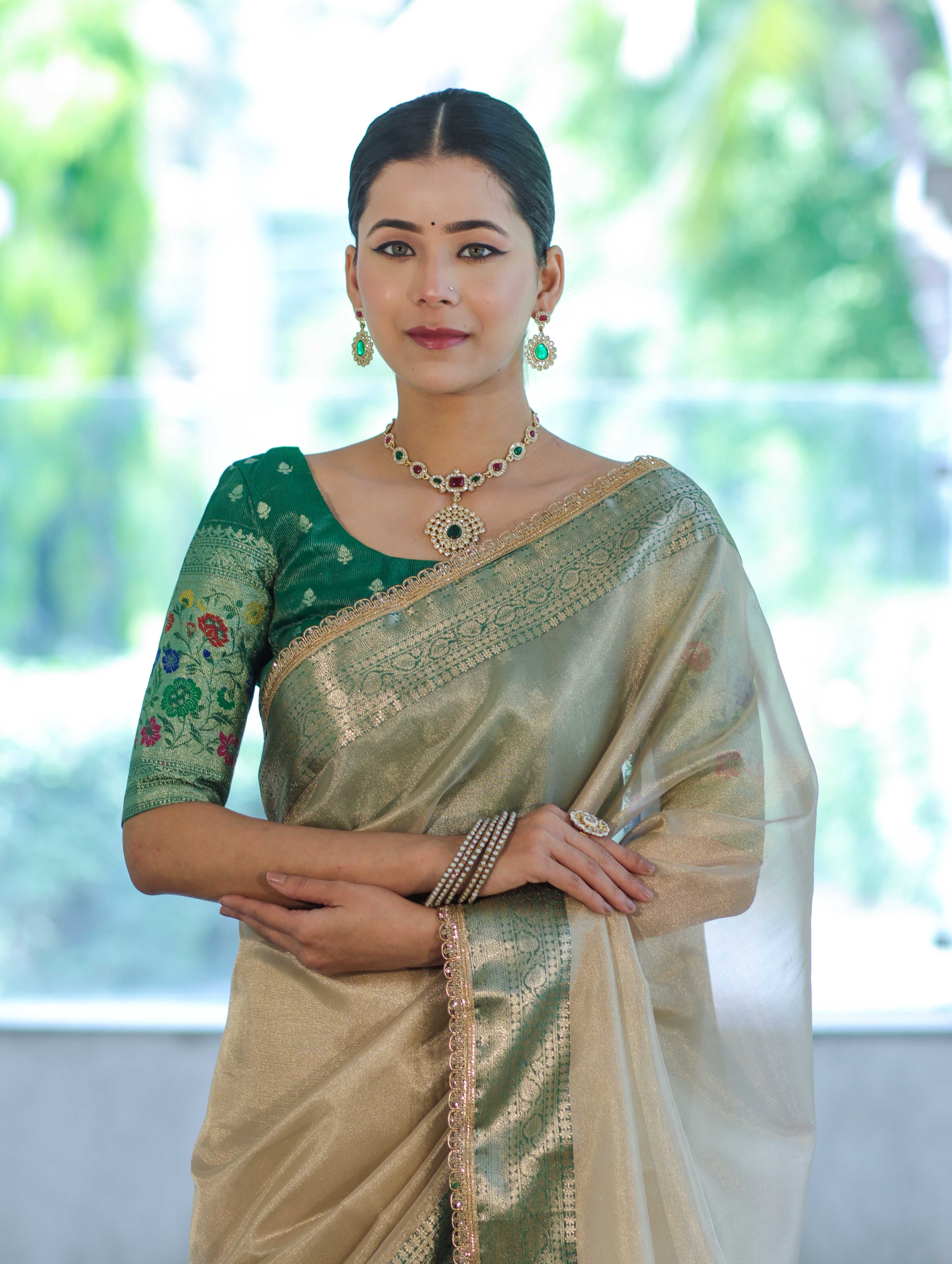 Banarasee Handloom Plain Tissue Saree With Contrast Zari Border& Lace-Cream & Green