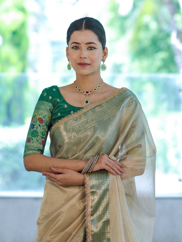 Banarasee Handloom Plain Tissue Saree With Contrast Zari Border& Lace-Cream & Green