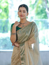 Banarasee Handloom Plain Tissue Saree With Contrast Zari Border& Lace-Cream & Green
