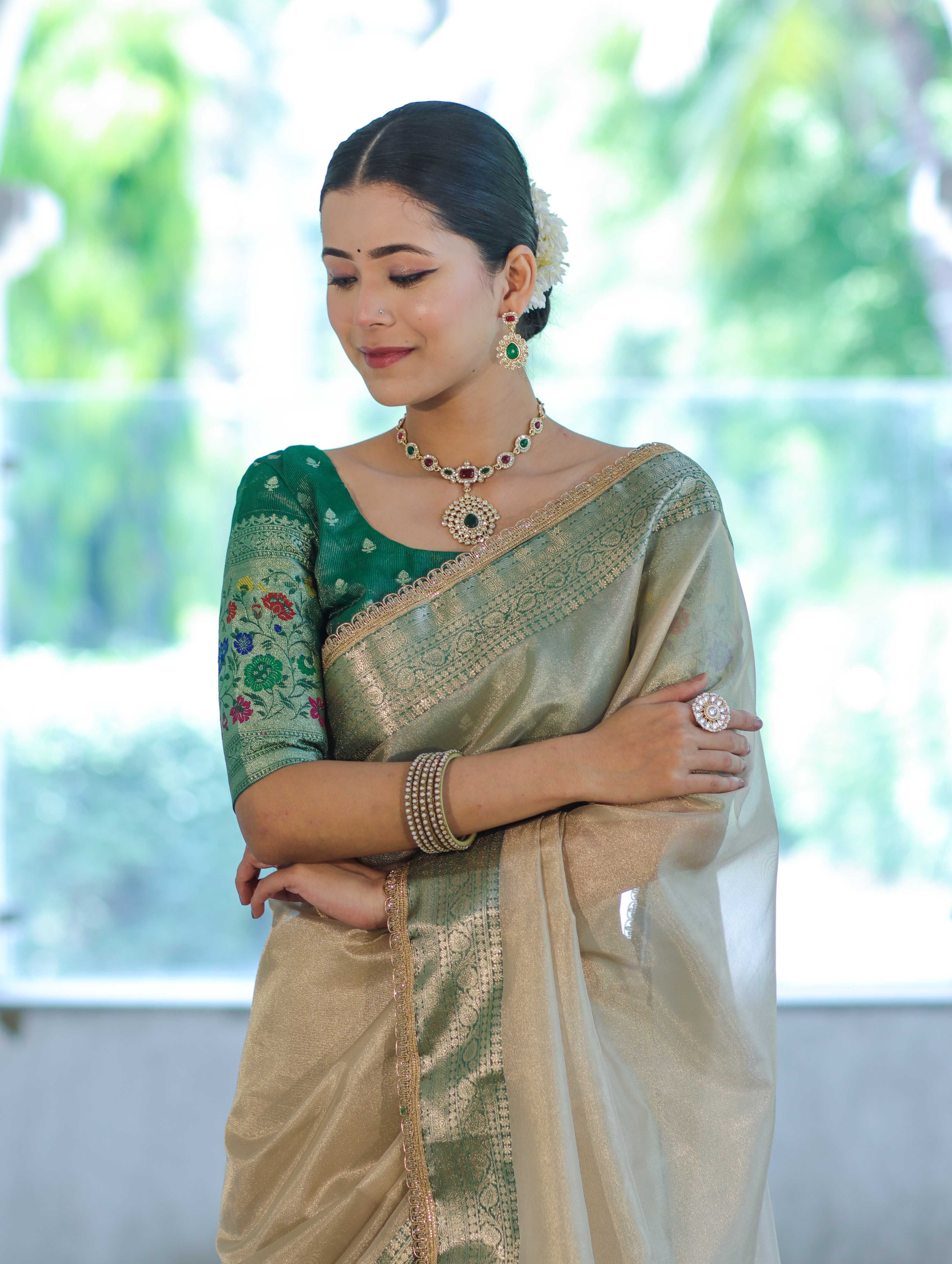 Banarasee Handloom Plain Tissue Saree With Contrast Zari Border& Lace-Cream & Green