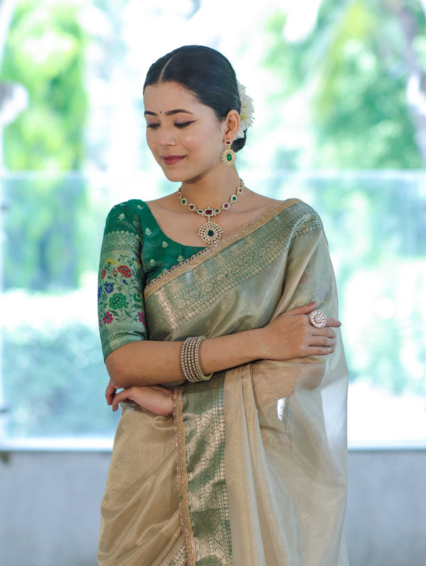Banarasee Handloom Plain Tissue Saree With Contrast Zari Border& Lace-Cream & Green