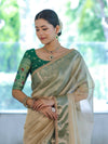 Banarasee Handloom Plain Tissue Saree With Contrast Zari Border& Lace-Cream & Green