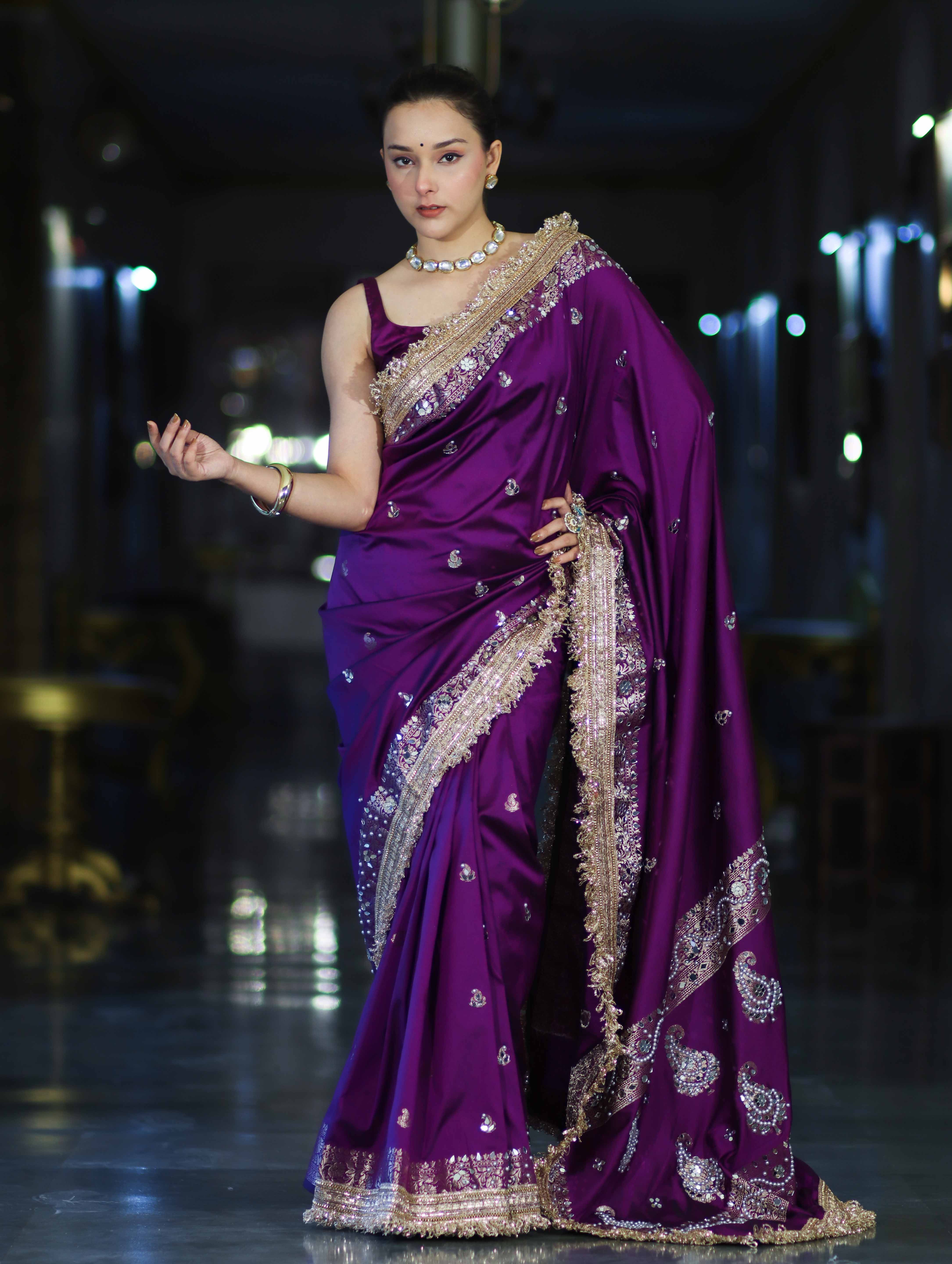 Banarasee Soft Silk Saree With Handwork Pearl Motifs & Mirror Work-Violet