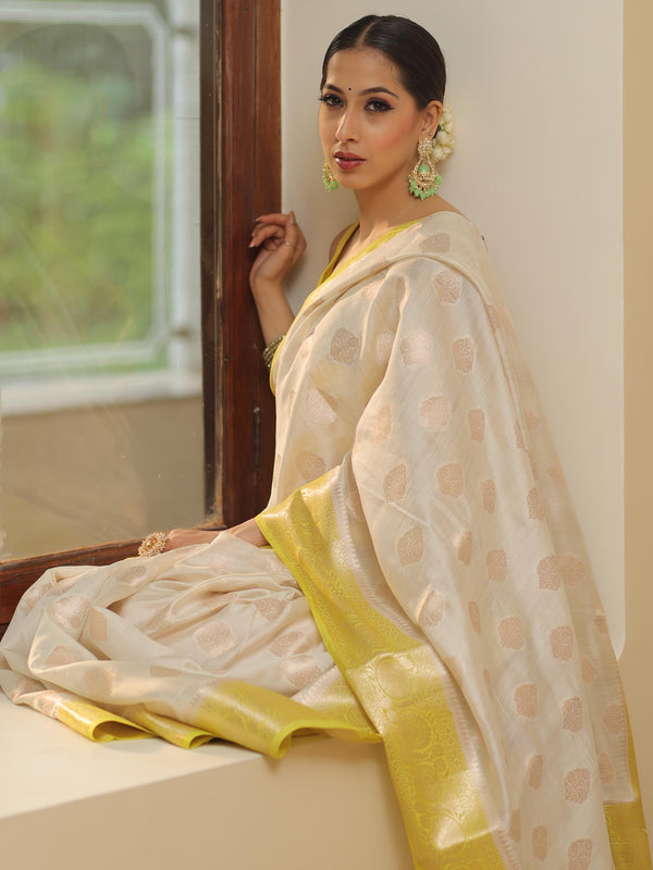 Banarasee Handloom Pure Chiniya Silk Saree With Zari Work & Contrast Border-White & Yellow