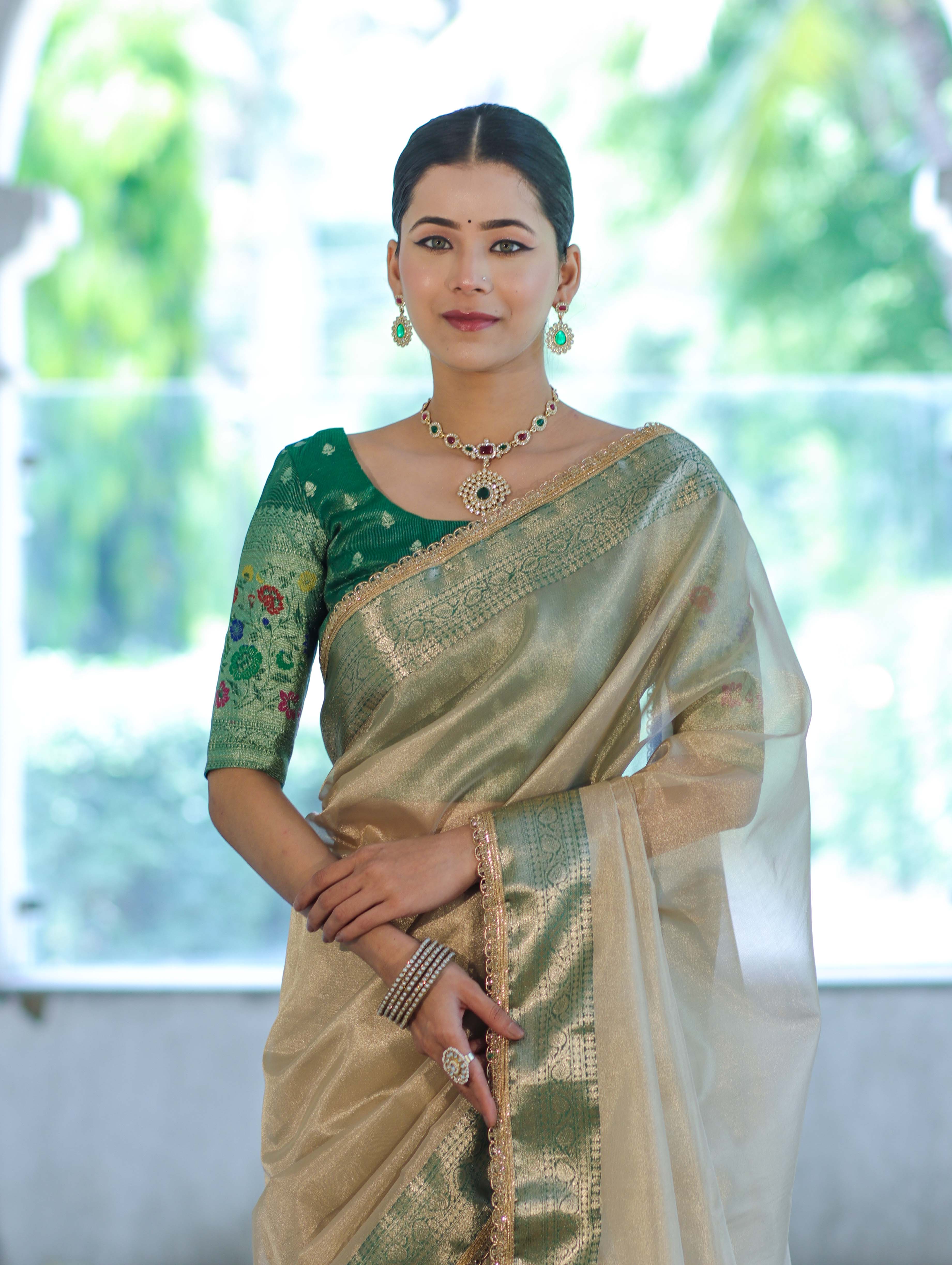 Banarasee Handloom Plain Tissue Saree With Contrast Zari Border& Lace-Cream & Green