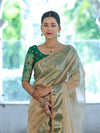 Banarasee Handloom Plain Tissue Saree With Contrast Zari Border& Lace-Cream & Green