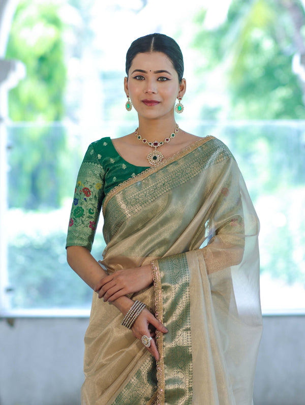 Banarasee Handloom Plain Tissue Saree With Contrast Zari Border& Lace-Cream & Green