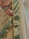 Banarasee Handloom Plain Tissue Saree With Contrast Zari Border& Lace-Cream & Green