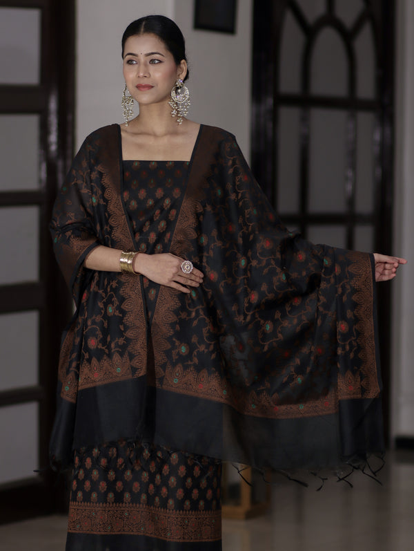 Banarasee Cotton Silk Resham Work Salwar Kameez Fabric With Dupatta Set-Black