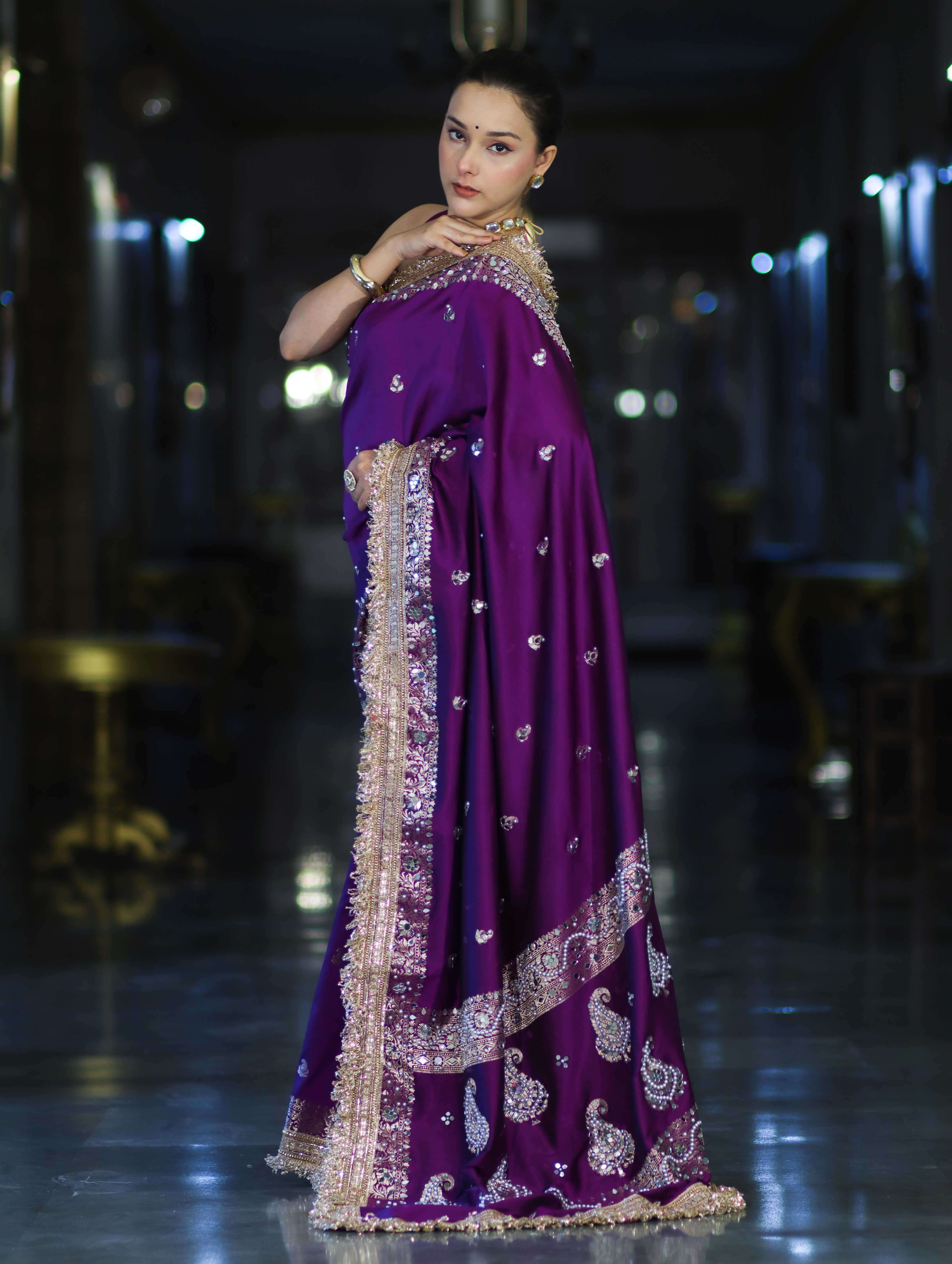 Banarasee Soft Silk Saree With Handwork Pearl Motifs & Mirror Work-Violet