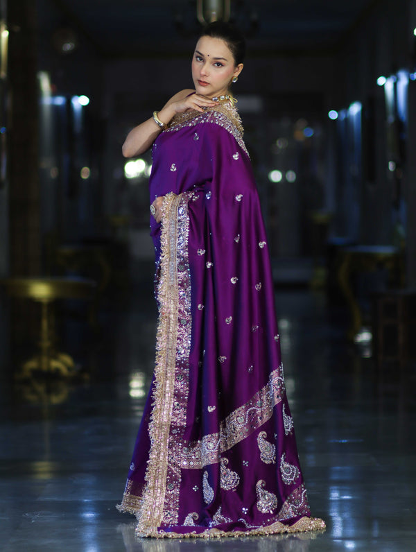 Banarasee Soft Silk Saree With Handwork Pearl Motifs & Mirror Work-Violet