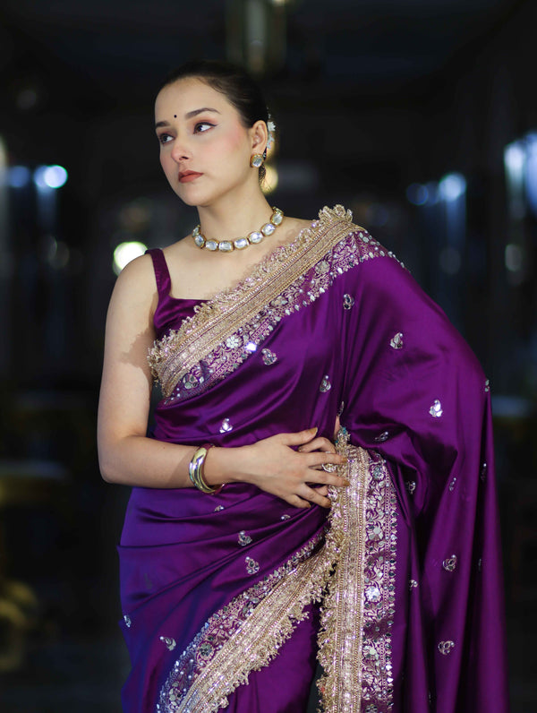 Banarasee Soft Silk Saree With Handwork Pearl Motifs & Mirror Work-Violet