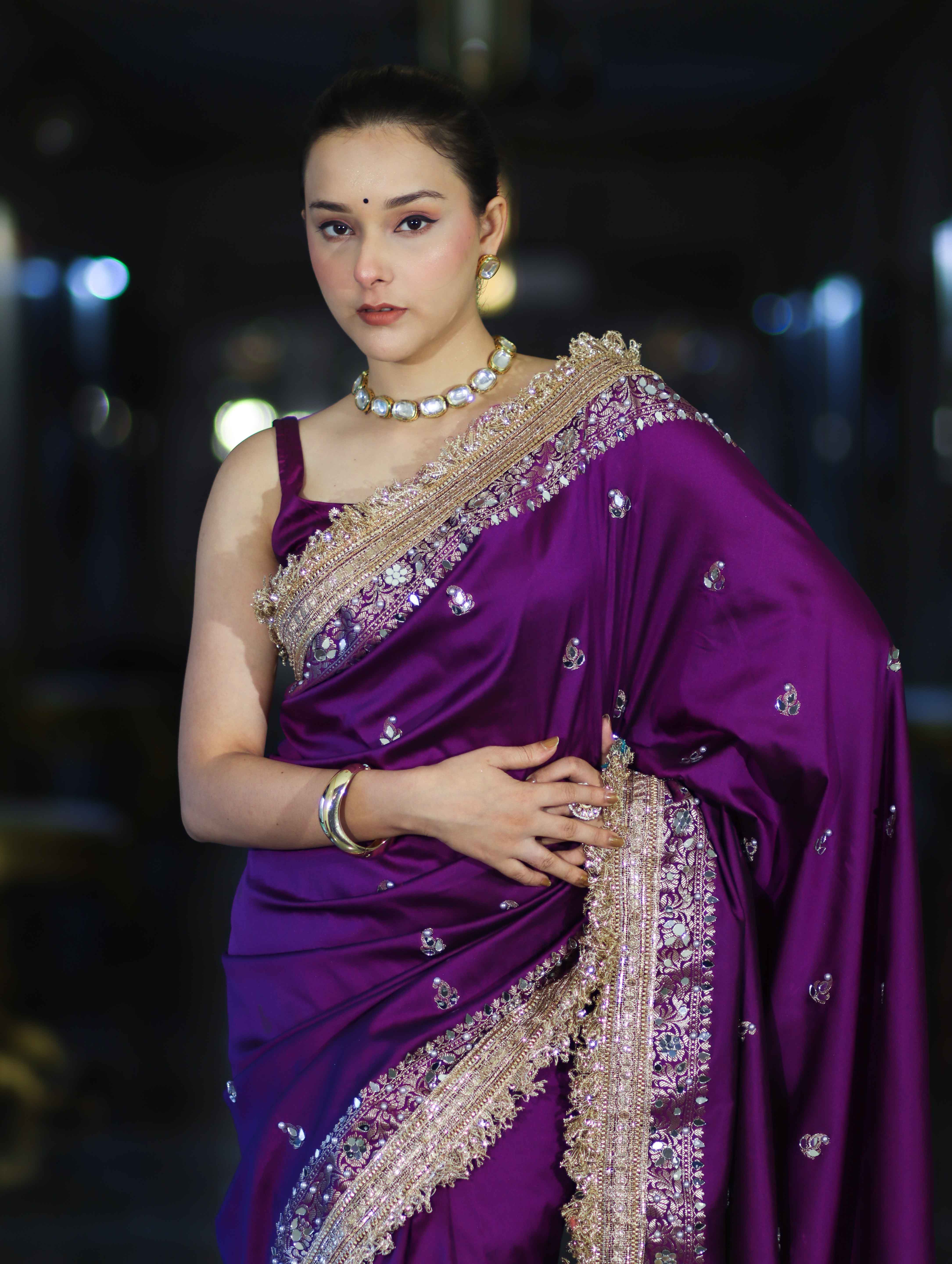 Banarasee Soft Silk Saree With Handwork Pearl Motifs & Mirror Work-Violet